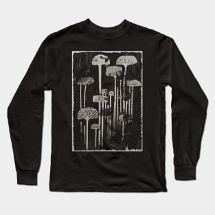 Primitive Mushrooms Abstract Distressed grunge Linocut Design Long Sleeve T-Shirt